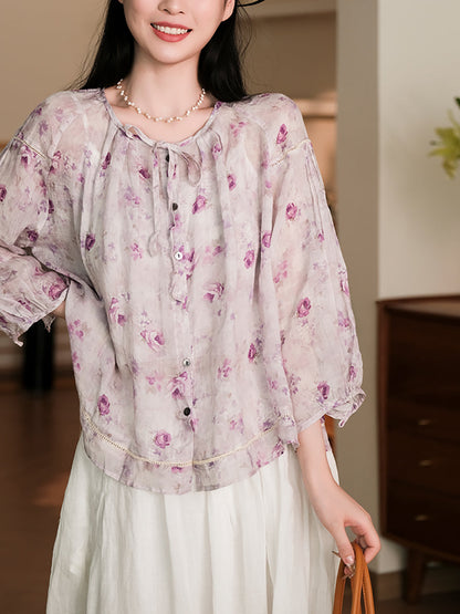 Chemise d'été boutonnée en ramie à fleurs vintage pour femmes RR1013