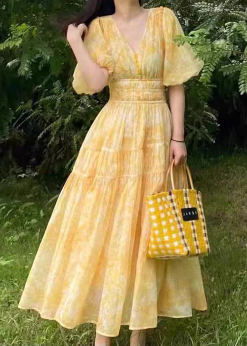 Drucken Bohemian Lange Gelb V-Ausschnitt Sommerkleid Chiffon