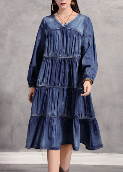 Robe longue décontractée en denim bleu à col en V froissé et à manches longues NN018 