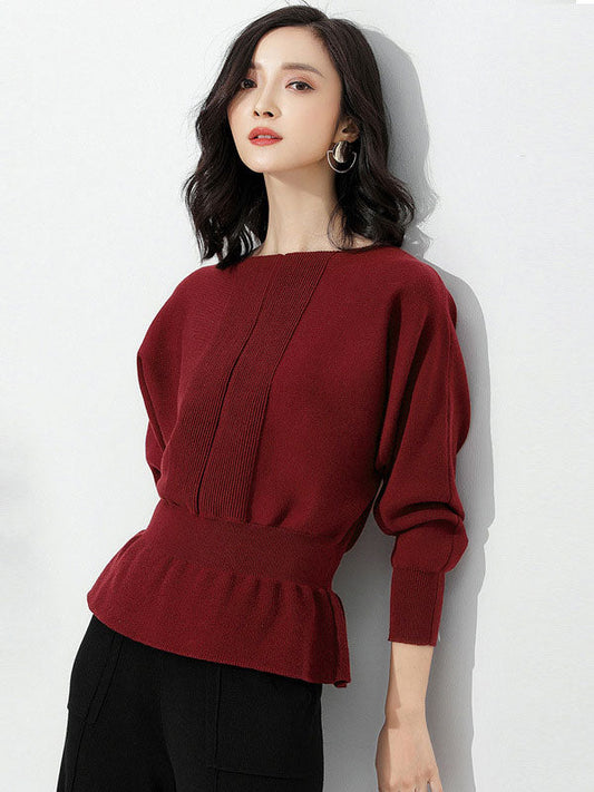 Elegant Red Boat Neck Tunic Ruffled Hem Long Sleeve Sweater AN1040