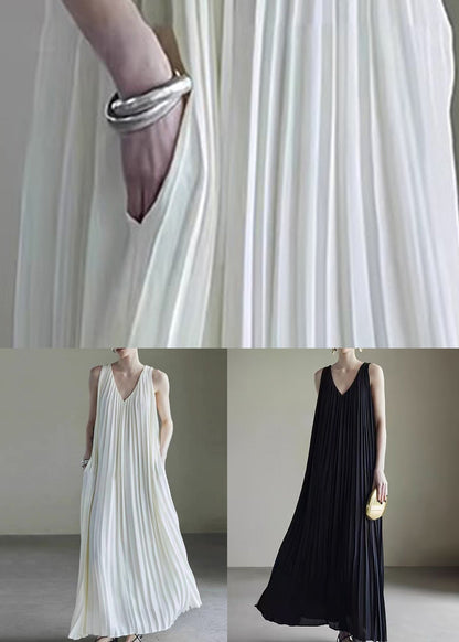 Wrinkled Summer Neck Chiffon Dresses V Long Pockets Black