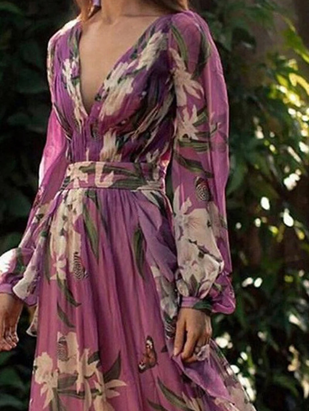 Floral Maxi V Muster Hals Elegante Kleid Schmetterling 