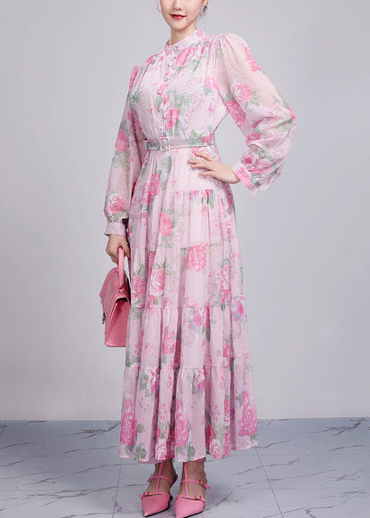 Robe de soirée en coton imprimé rose à col montant et manches longues AR1025 