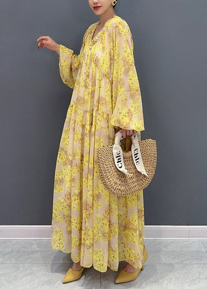 Robe longue en mousseline de soie jaune à volants et col en V grande taille Automne AO1069 