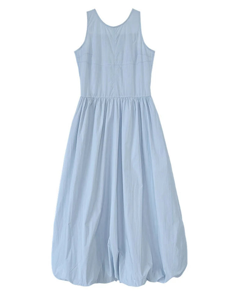 Patchwork-Kleid mit O-Ausschnitt, schlicht, ärmellos, blau, Puffsaum 