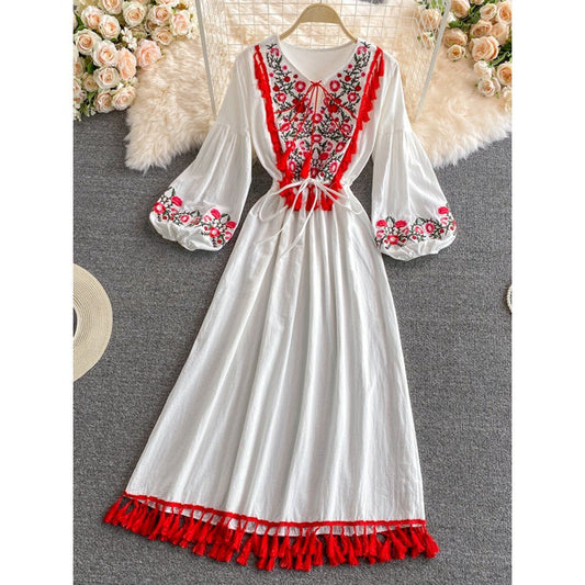 Retro White V-neck Lacing Embroidery Tassel Hem Long Puff Sleeve Dress AR1015