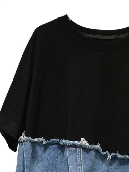 T-shirt court blanc à manches patchwork et ourlet rond en denim Street 