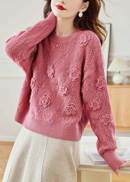 Pulls en tricot uni à imprimé floral rose ajouré Automne QC033 