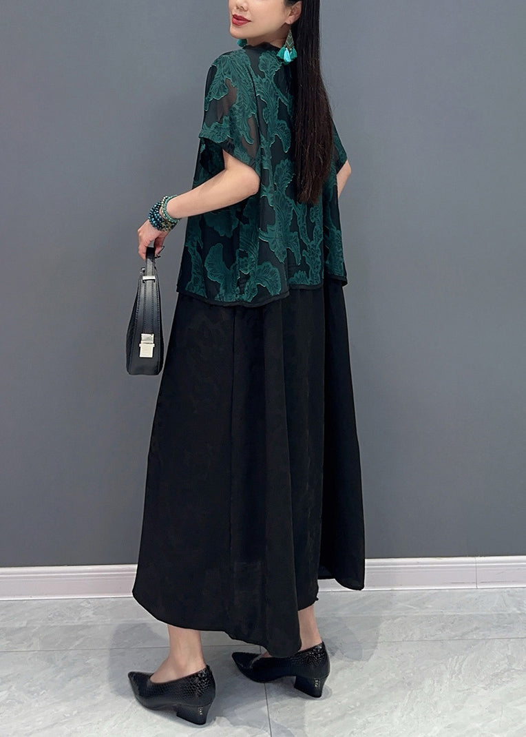 Handmade Green O-Neck Print Fake Two Pieces Long Dress Summer AO1048