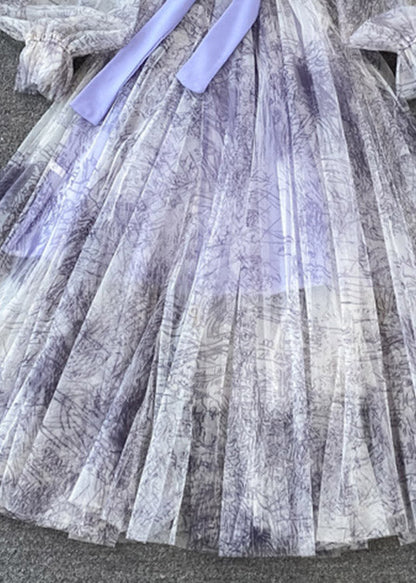 Robe longue violette en tulle à col rond et manches bouffantes AJ1038 