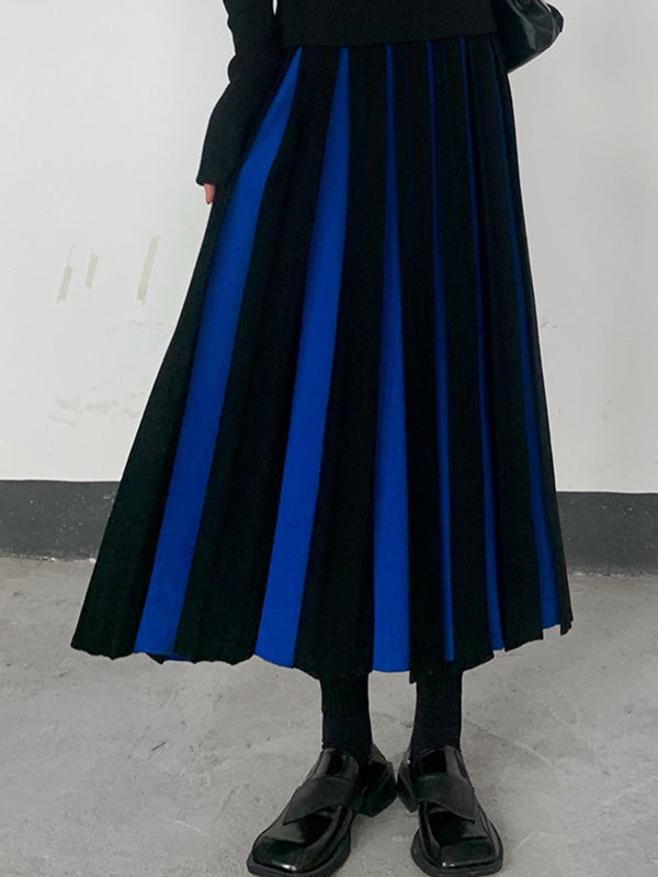 A-line Pleated Retro Skirt Knit Contrast White Color