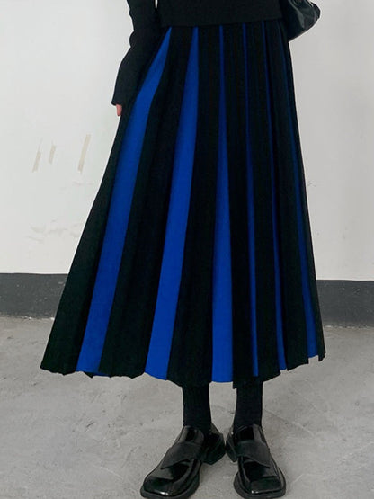 A-line Pleated Retro Skirt Knit Contrast White Color