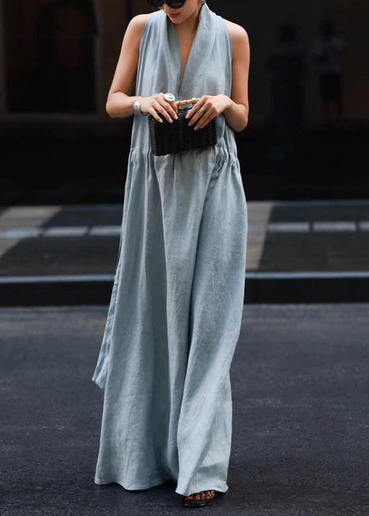 Neu Licht Leinen Solide Kleider Blau Robe Taille Krawatte