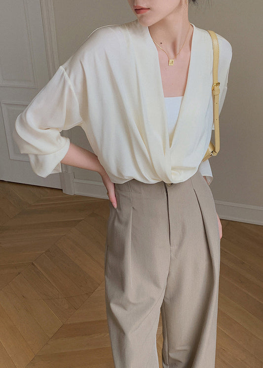 2024 neue Chic Beige V-Ausschnitt Chiffon Shirts Batwing Ärmel EE034 