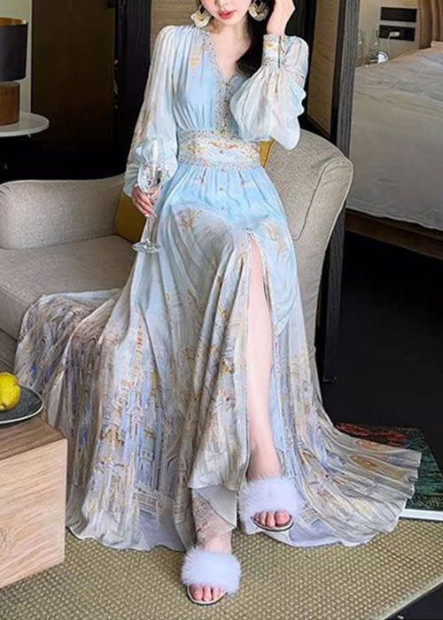 Maxi Chiffon Print Kleider Taille Blau Stilvoll V Frühling Hoher Hals 