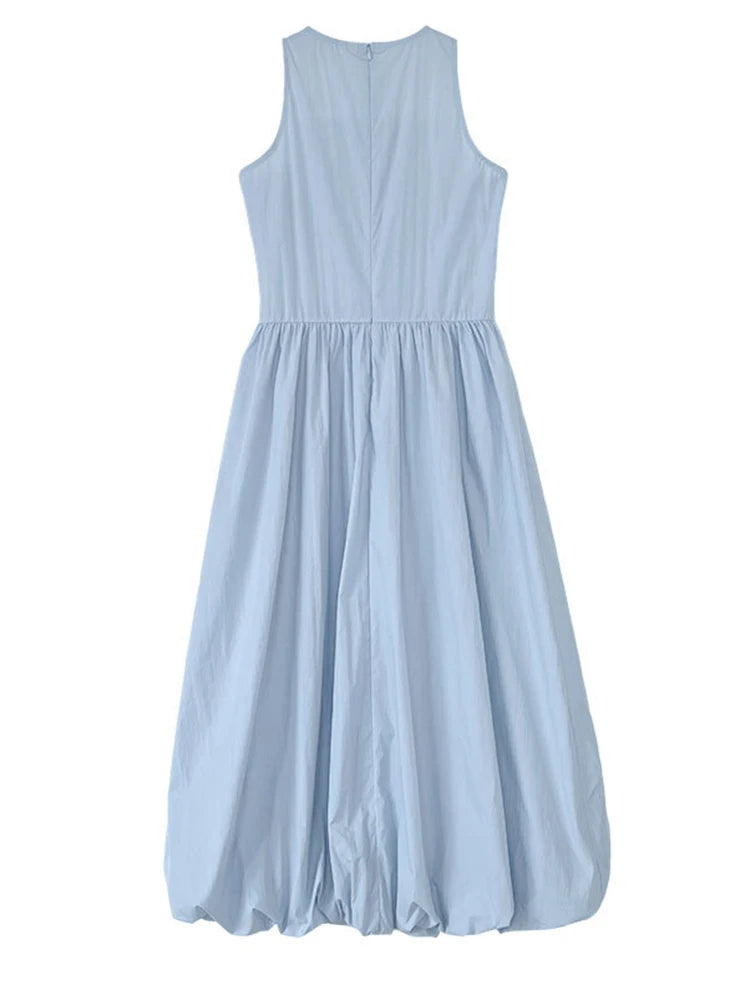 Patchwork-Kleid mit O-Ausschnitt, schlicht, ärmellos, blau, Puffsaum 