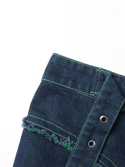 Jupe trapèze en tulle bleu vert avec patchwork en jean et ceinture TT1038 