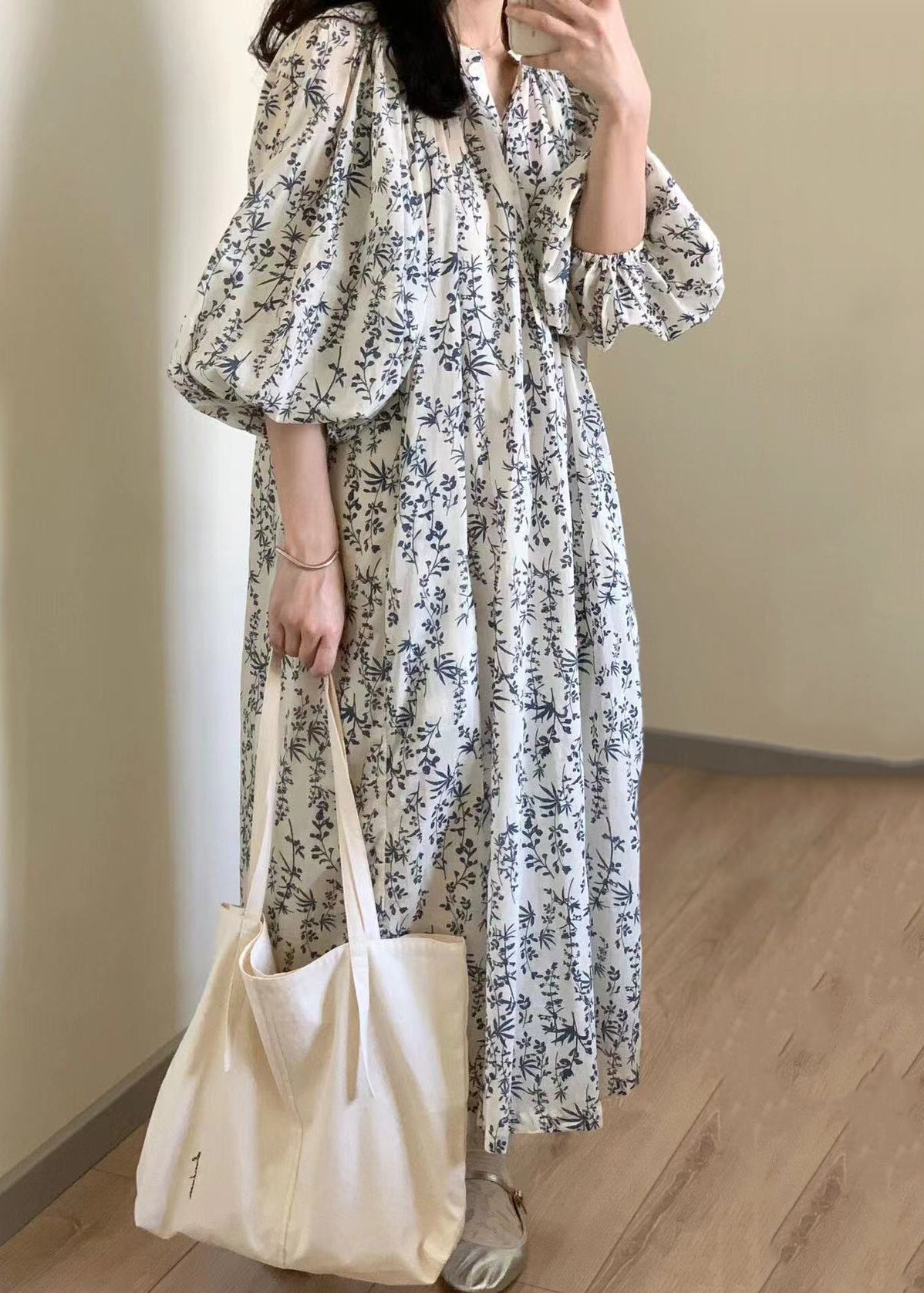 Elegant Button Print Tie Waist Cotton Long Dress Summer QP057