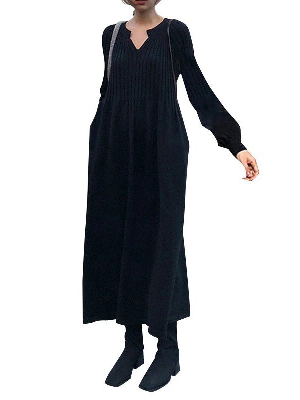 Causal Loose Grey V-Neck Pleated Long Puff Sleeve Knit Dress AN1038