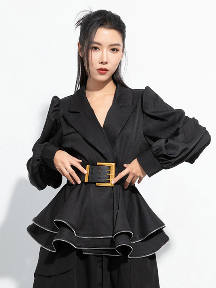 Women's Black Notched Lapel Pu Belted Ruffle Hem Long Sleeve Blazer TW024