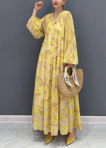 Robe longue en mousseline de soie jaune à volants et col en V grande taille Automne AO1069 