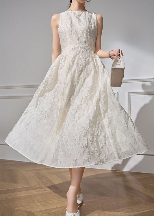 Robes blanches hautes taille col rond sans manches jacquard long coton 