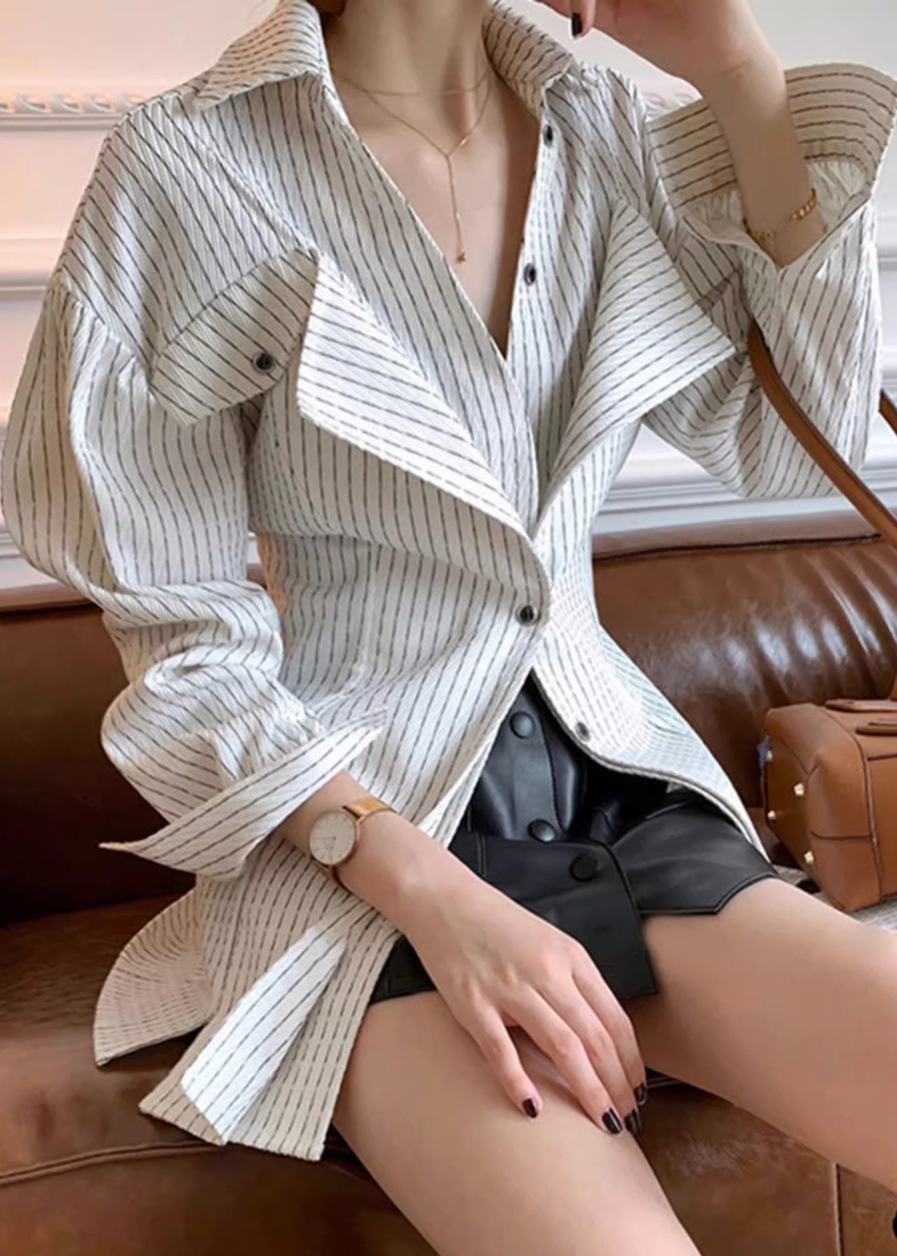 White Striped Design Shirt Original Art Cotton Button Spring