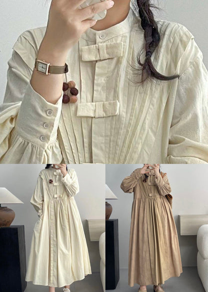 Robe élégante en coton beige froissé à manches longues NN028 