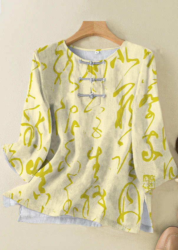 Chemise en lin style abricot à col rond et imprimé oriental, boutonnée sur le côté, manches bracelet, TP049