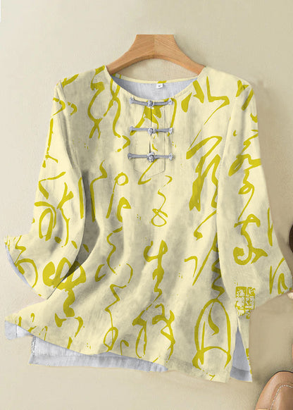 Chemise en lin à col rond et imprimé grue rose style Grace, boutonnée et ouverte sur le côté, manches bracelet, TP050