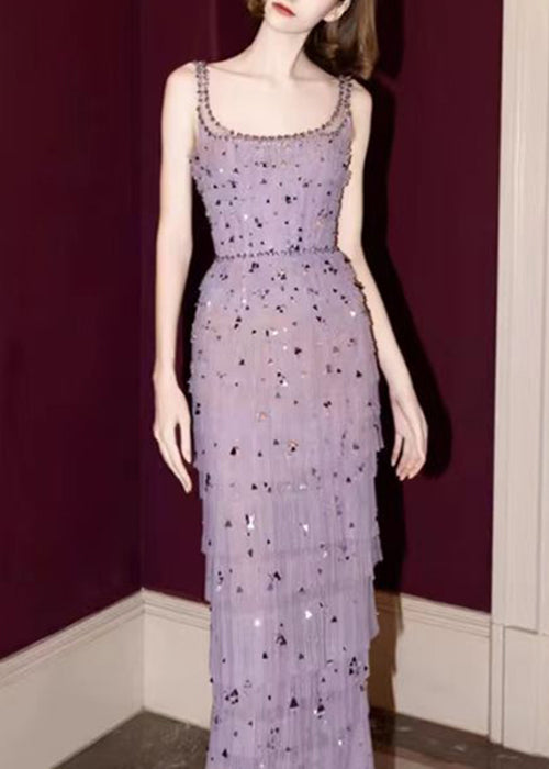 Robe en tulle froissée sans manches, ouverte sur le côté de la cheville, faite à la main, violette