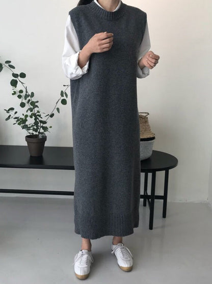 Robe en tricot sans manches à col rond noire urbaine QX017 