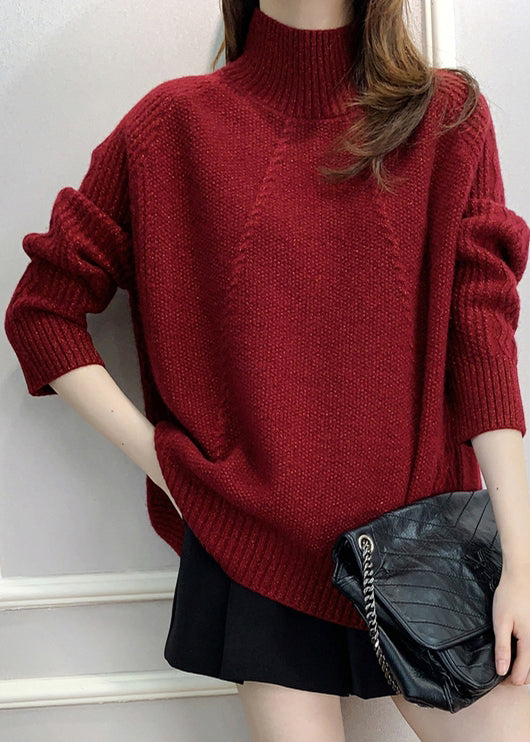 Women Red Turtleneck Cozy Cotton Knit Sweater Fall QX033