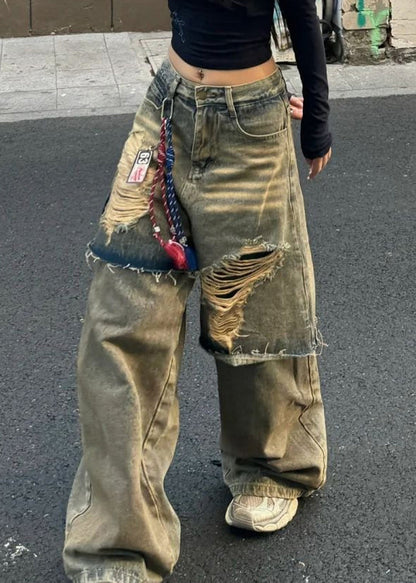 Pantalon en jean bleu vintage taille haute avec faux trous en deux pièces pour l'automne WD031 