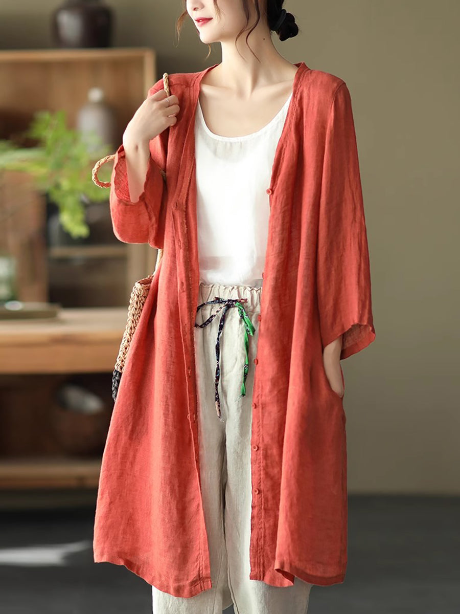 Women Summer Casual Solid Linen Button-up Long Shirt SC1033