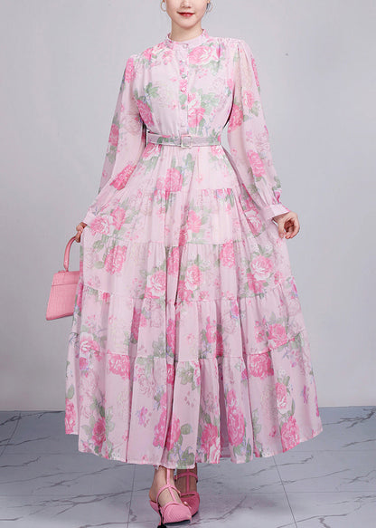 Robe de soirée en coton imprimé rose à col montant et manches longues AR1025 