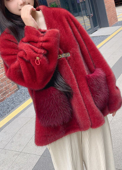 Style Red V Neck Drawstring Thick Mink Velvet Coats Winter WV026