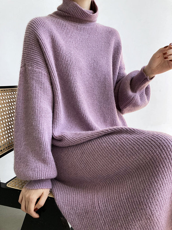 Urban Loose Purple High-Neck Long Puff Sleeve Sweater Dress AN1052