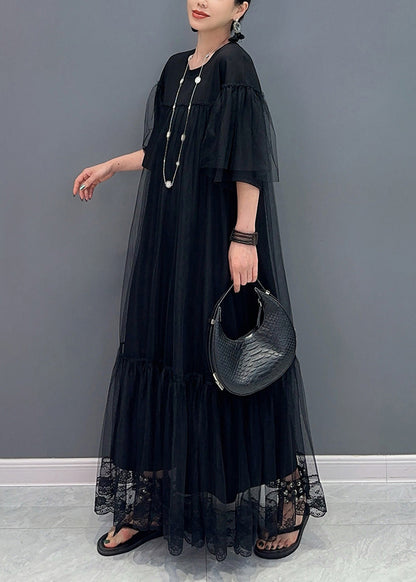 Robe noire en tulle plissé à col rond et patchwork grande taille pour l'été AO1070 