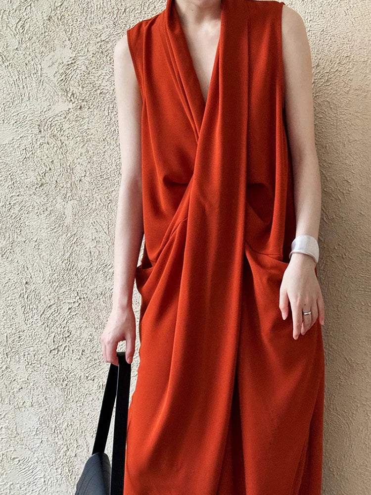 Taschen mit drapiertem ärmellosem Kleid Elegantes Midi 