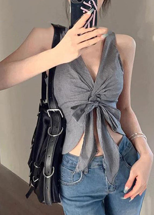 Sexy Grey V Neck Tie Waist Vest Summer AN1028