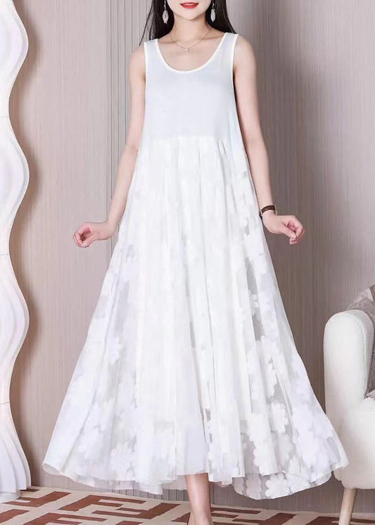 White Tulle Patchwork Cotton Dresses O Neck Summer TT1026