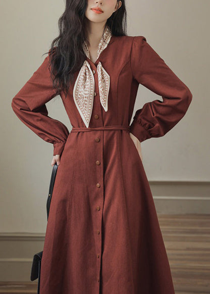 Fit Slim Pockets Kleid Schleife Rot Frühling Maxi Button 