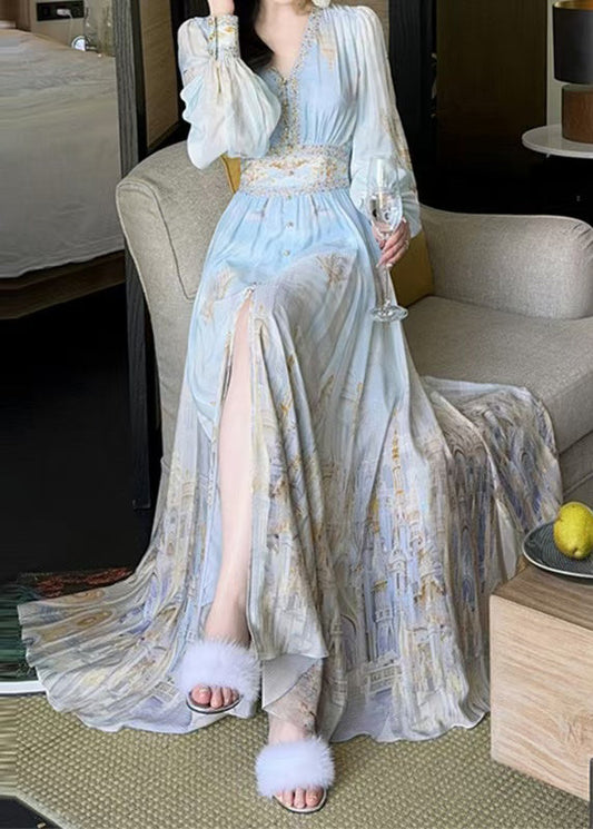Robe longue en mousseline imprimée, taille bleue, élégante, col en V, printemps