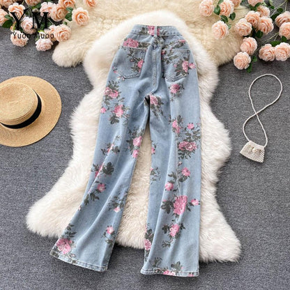 Pantalon large en denim à imprimé rose bleu pour femme AR1016 