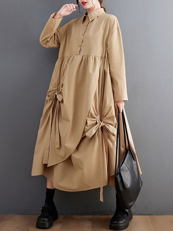 Stylish Black Lapel Buttoned Drawstring Pleated Tied Pockets Sleeves Shirt Dress WS004