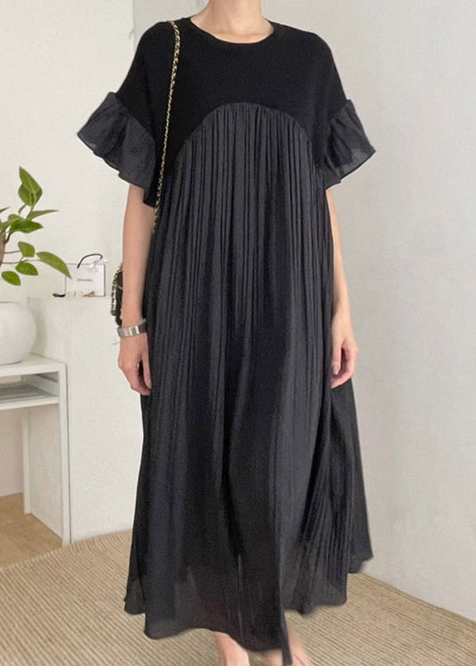 Kleid Frauen Schwarz Patchwork Ärmel Übergroßen Plissee 
