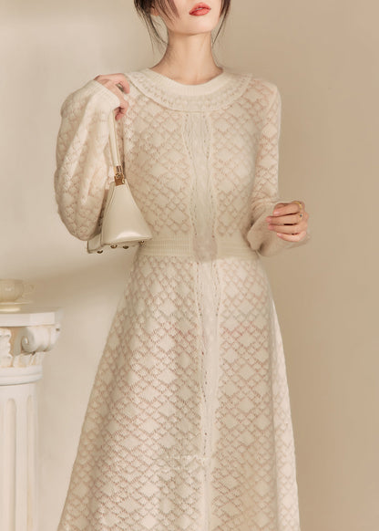 French Beige O Neck Jacquard Knitted Dress Fall WV013