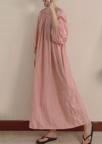 Robe longue rose froissée à poches et manches longues pour femme TT1044 