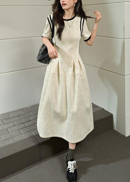 Kurze O-Ausschnitt Falten Maxi Grau Licht Kleider Patchwork Sommer